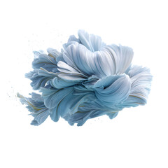 Abstract, flowing form of pale blue and white petals with golden accents, appearing suspended in mid-air against a stark white background