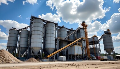 Obraz premium Industrial grain silos and conveyor system agricultural site wide angle photography clear sky engineering perspective