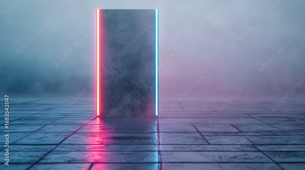 Poster neon colored cube is lit up in a dark room. the cube is surrounded by a foggy atmosphere, giving the