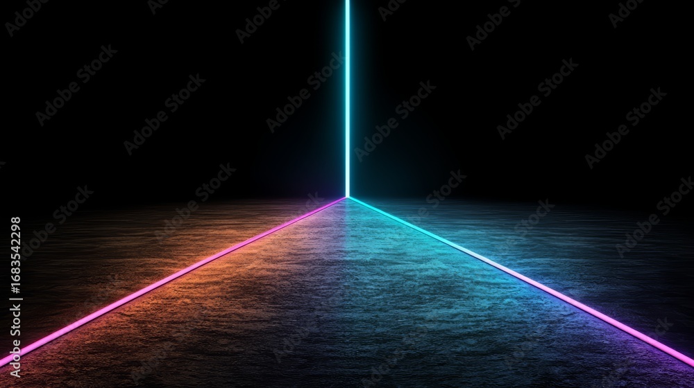 Poster neon lighted path with a red and blue line. the path is lit up in a dark room