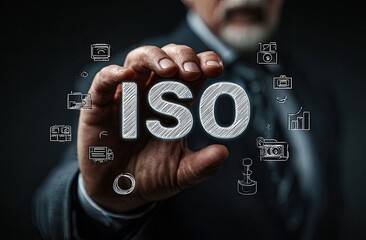 Mature man in suit holds ISO text.  Overlayed icons