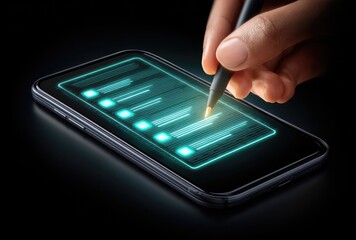Hand holding pen over a glowing checklist on a smartphone