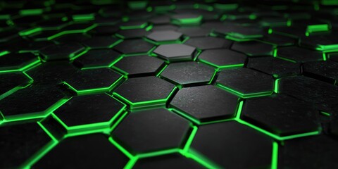 Abstract hexagonal pattern, dark black surface with glowing green lines