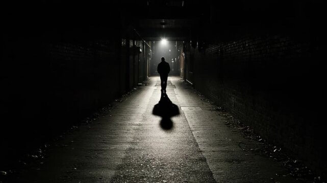 A lone figure walks down a dark, wet alleyway at night, illuminated by a single light source, casting a long shadow