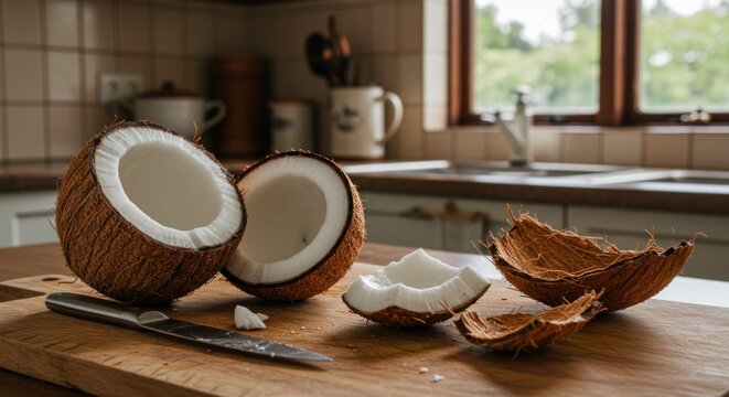 Sliced coconut and shells on wooden cutting board against a rustic kitchen backdrop - Powered by Adobe