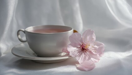 Delicate pink tea with a blossom on white fabric.  A cup of light pink tea sits on a saucer, beside a single, delicate pink blossom. 