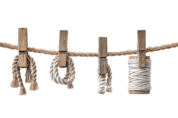 Clothespins holding various threads on a rope