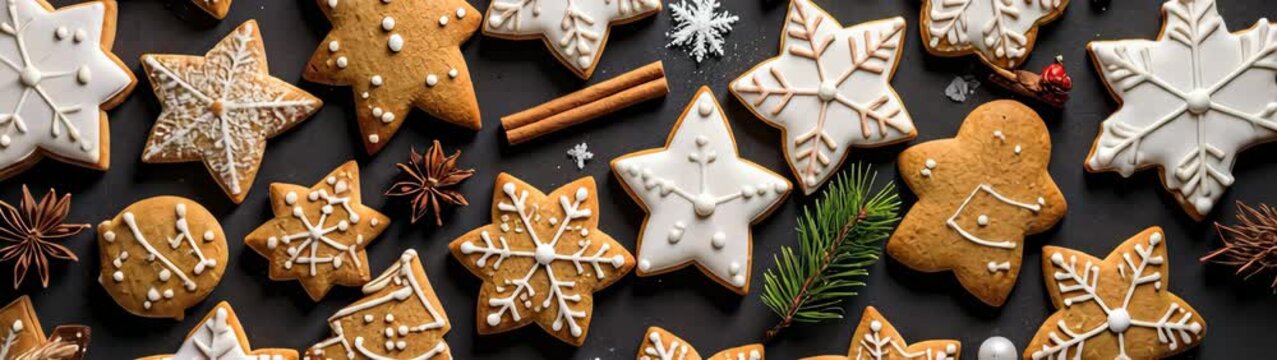 Christmas gingerbread cookies forming festive background with cinnamon and anise.