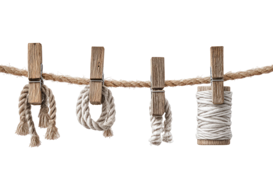 Clothespins holding various threads on a rope