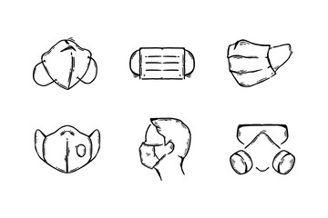 Hand drawn face mask collection doodle icon sketch vector illustration