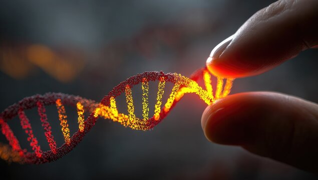 A hand delicately holds a glowing, fiery DNA strand