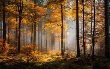 Fototapeta premium Sunlit autumn forest with golden foliage and tall trees