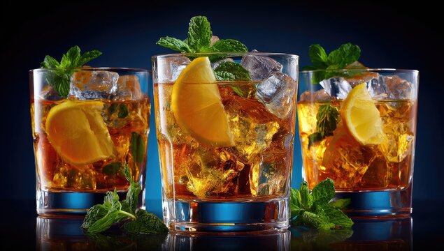 Three glasses of iced tea, garnished with lemon slices and mint sprigs,  stand in a row against a dark blue background.  Crisp ice cubes are visible in each glass