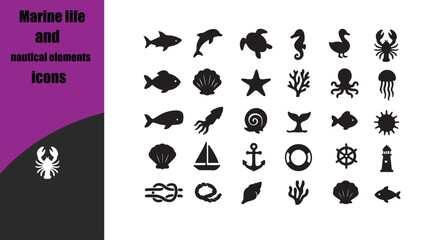 Marine life, nautical elements icons