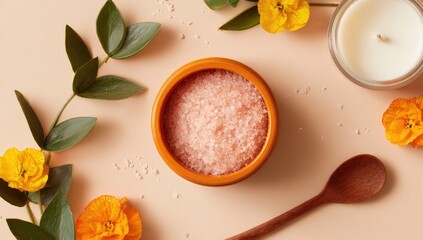 A light peach-colored background showcases a small, round, light orange bowl filled with pink bath salt.  Surrounding it are sprigs of greenery, bright yellow flowers, and a wooden spoon.  