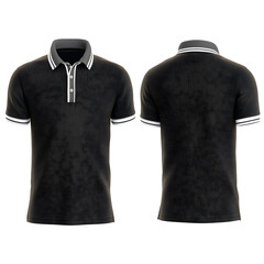 Classic black polo t-shirt with elegant design details on the collar and sleeves. Isolated front and back view for apparel branding and mockups