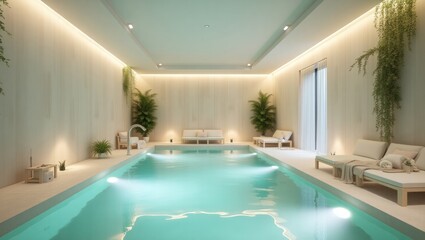 A serene indoor pool area with light beige wooden walls and turquoise water, showcasing contemporary design and relaxation.