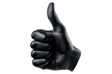 A black gloved hand giving a thumbs-up gesture