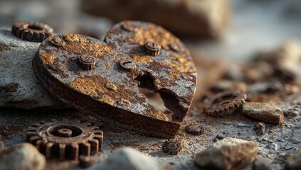 A rusted heart-shaped clock mechanism, broken in half, rests amongst scattered gears and stones.  Rusty metal pieces surround the heart,  a sense of decay and time