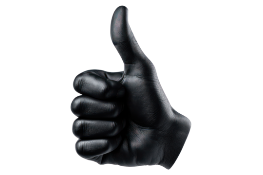 A black gloved hand giving a thumbs-up gesture