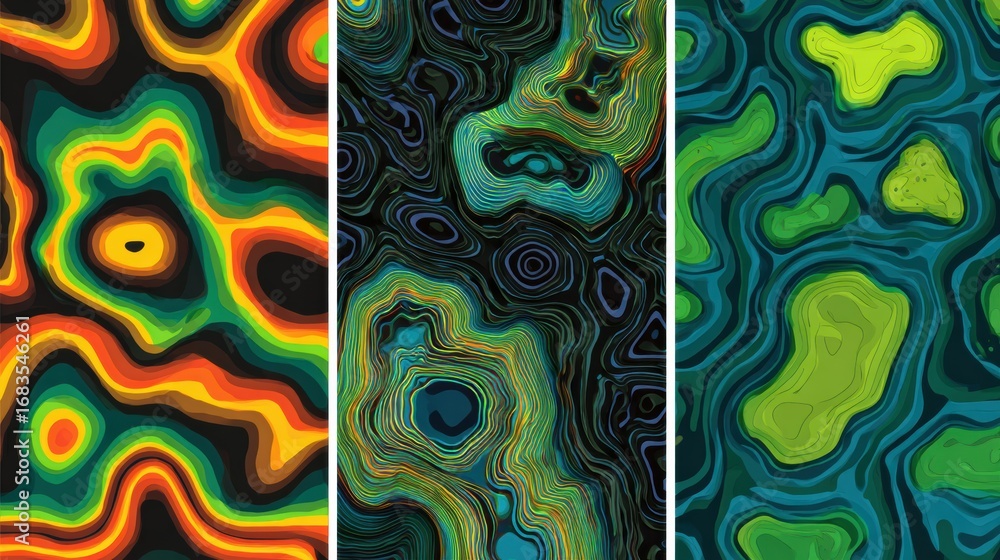 Poster bold fluid patterns intertwine in vibrant colors, creating dynamic topographic designs that evoke a 