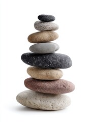 A precise stack of smooth, various-colored stones, carefully balanced on top of one another, forming a small, symmetrical tower against a pure white background