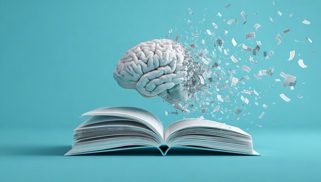 Creative Concept of Brain Floating Above Open Book with Flying Words Symbolizing Knowledge, Training, and Marketing Ideas