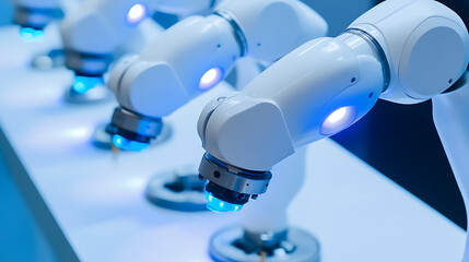 Row of Robotic Arms with Blue Lighting in a High-Tech Environment