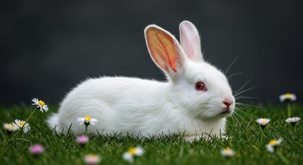 A fluffy white rabbit rests in vibrant green grass, surrounded by small white daisies. Its pink-lined ears perk up, and it gazes towards the viewer against a blurry backdrop