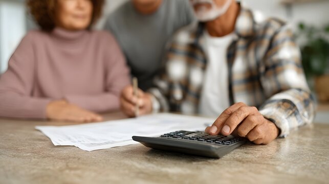 Senior family members focus on managing household finances using a calculator and reviewing important documents for meticulous financial planning