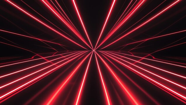 A vibrant, futuristic tunnel composed of radiating, red neon lines against a deep black backdrop.
