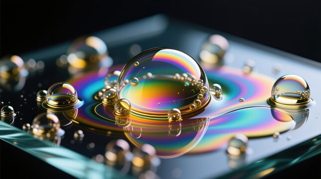 Colorful liquid drops and bubbles on a glass surface, displaying iridescent patterns