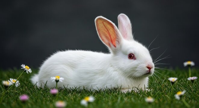 A fluffy white rabbit rests in vibrant green grass, surrounded by small white daisies. Its pink-lined ears perk up, and it gazes towards the viewer against a blurry backdrop