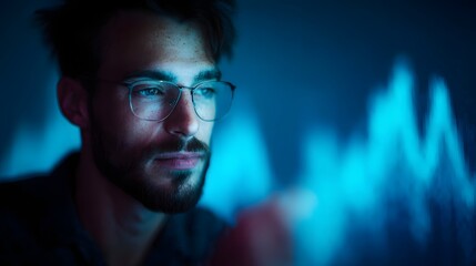Concentrated man in glasses intensely analyzes glowing blue data on a futuristic digital screen indicating focused research and strategic planning