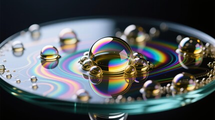 Colorful oil droplets and bubbles on a glass surface.  A spectrum of iridescent colors, from gold to rainbow hues, creates a mesmerizing pattern on a circular glass plate. 