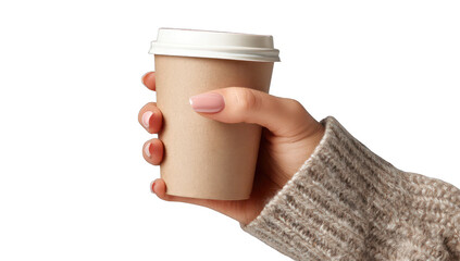Hand holding a disposable coffee cup. A woman's hand in a sweater holds a light brown paper coffee cup with a white lid