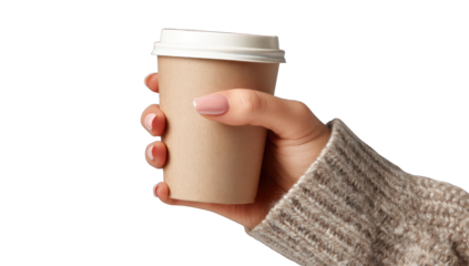 Hand holding a disposable coffee cup. A woman's hand in a sweater holds a light brown paper coffee cup with a white lid