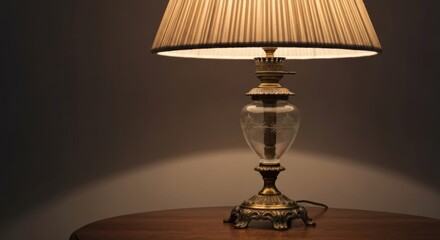 A vintage table lamp casts a warm glow on a dark surface