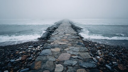 Foggy stone path leading to the sea