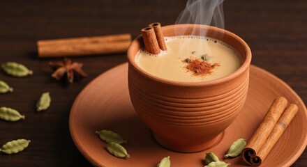 A warm, steaming cup of spiced tea, garnished with cinnamon sticks and cardamom pods, sits on a terracotta plate