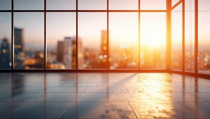 Fototapeta premium Empty modern office space with city view at sunset