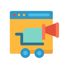 Online shop announcement with cart and megaphone icon