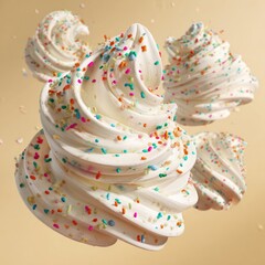Whimsical swirls of light-cream confectionery, adorned with colorful sprinkles, appear to float in mid-air against a pale beige background.  