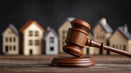 Property Auction: Wooden gavel resting on its block, set against miniature model houses. Symbolizing real estate law and transactions.