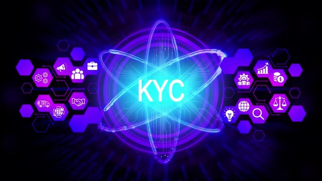 K Y C Verification Concept Digital Illustration Futuristic Design Blockchain Technology Atom Structure Financial Compliance Security Data Protection Global Business Authentication Process