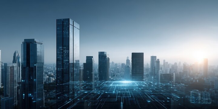 Smart City Tech: Futuristic Skyline and Data Network