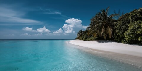 Tropical beach paradise with clear blue water and lush palm trees under a sunny sky