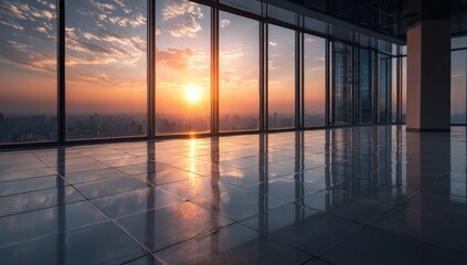 Fototapeta premium Empty modern office space with sunset cityscape view