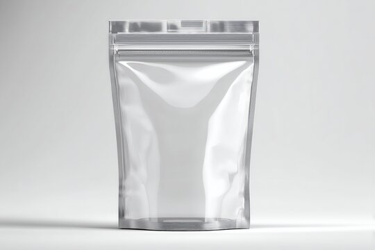 Blank crystal clear food package with stand-up design and sealed edges, versatile transparent packaging mockup suitable for dry goods, cosmetics, supplements and minimalist branding applications requi