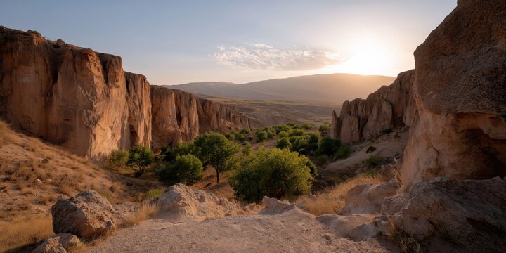 Majestic sunset in rocky canyon with lush greenery and warm light